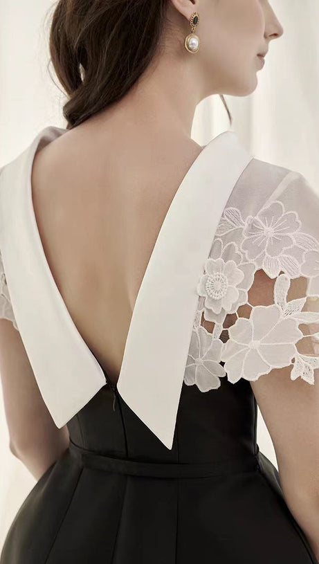 HOLLOW LACE SLIM A-LINE MIDI DRESS IN BLACK