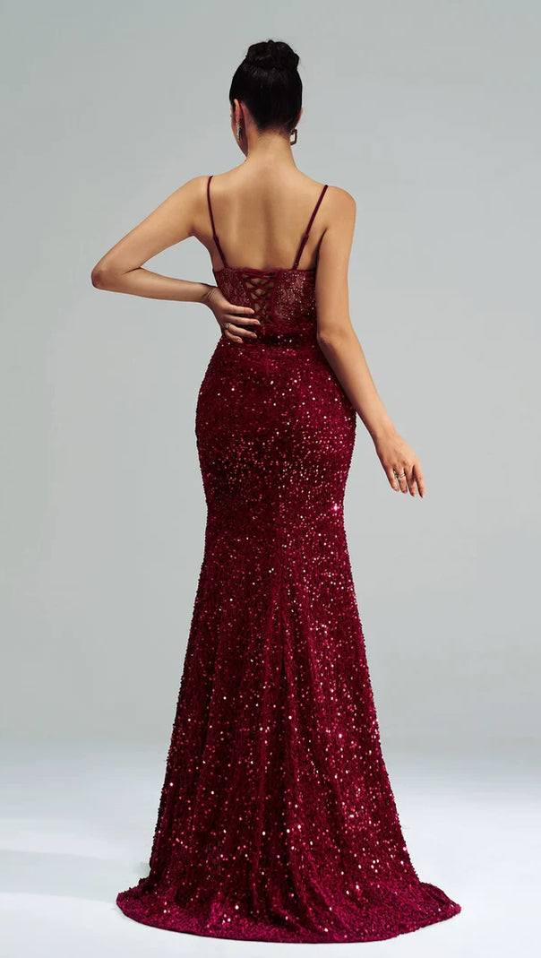 AIIZIE BELINDA LACE CORSET SEQUIN MAXI DRESS IN RED - product image