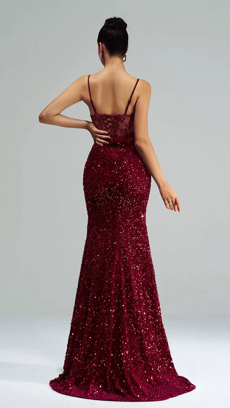 BELINDA LACE CORSET SEQUIN MAXI DRESS IN RED