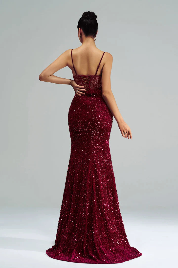 LACE CORSET SEQUIN MAXI DRESS IN RED
