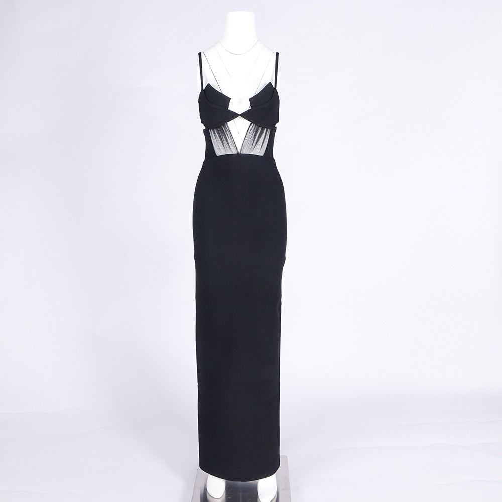 AIIZIE BACK SLIT KNITTED BANDAGE MAXI DRESS IN BLACK - product image