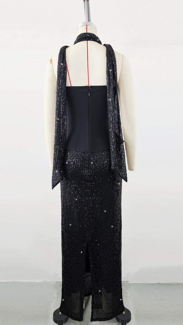 AIIZIE BLACK TOP AND SEQUINED FLOOR-LENGTH SKIRT SUIT - product image