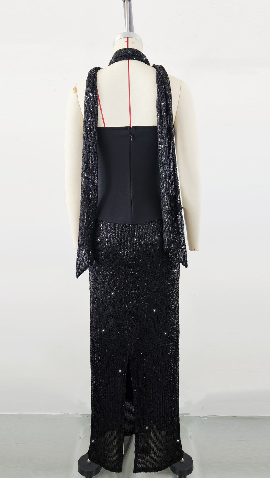 BLACK TOP AND SEQUINED FLOOR-LENGTH SKIRT SUIT