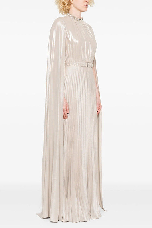 nail beaded slip sleeve pleated long dress