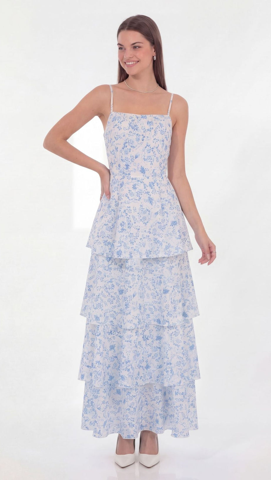eileen floral print layer strappy maxi dress - blue