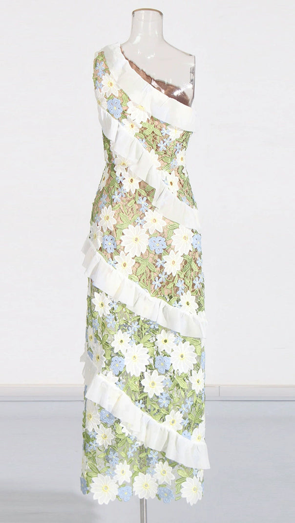 AIIZIE FLORAL ONE SHOULDER LACE MAXI DRESS IN GREEN - product image