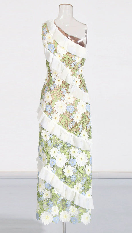 FLORAL ONE SHOULDER LACE MAXI DRESS IN GREEN