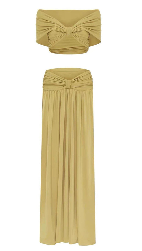 AIIZIE Pleated Crop Top and Maxi Skirt Set in Soft Gold - product image