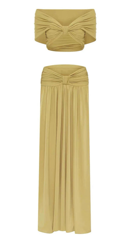 pleated top & maxi skirt set - gold
