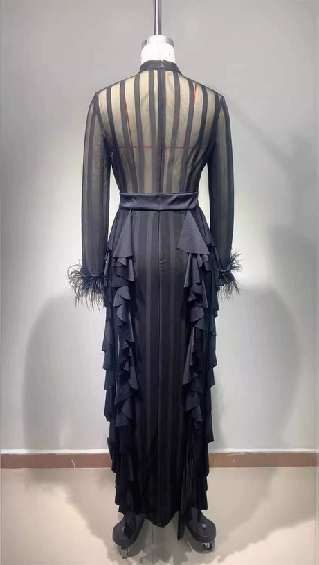 PANAGAS LONG SLEEVE MESH RUFFLE DRESS