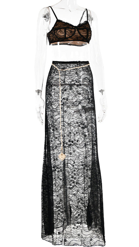 LACE SKIRT SET WITH WAIST CHAIN IN BLACK