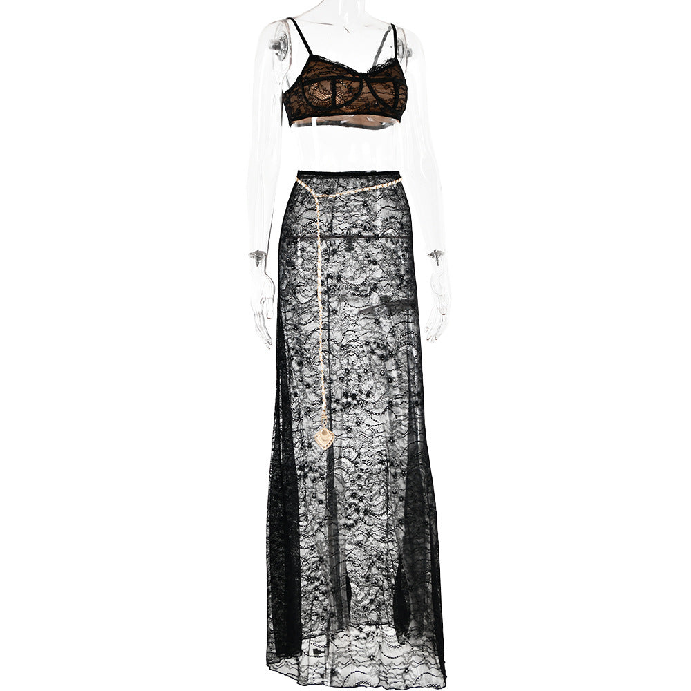 AIIZIE LACE SKIRT SET WITH WAIST CHAIN IN BLACK - product image