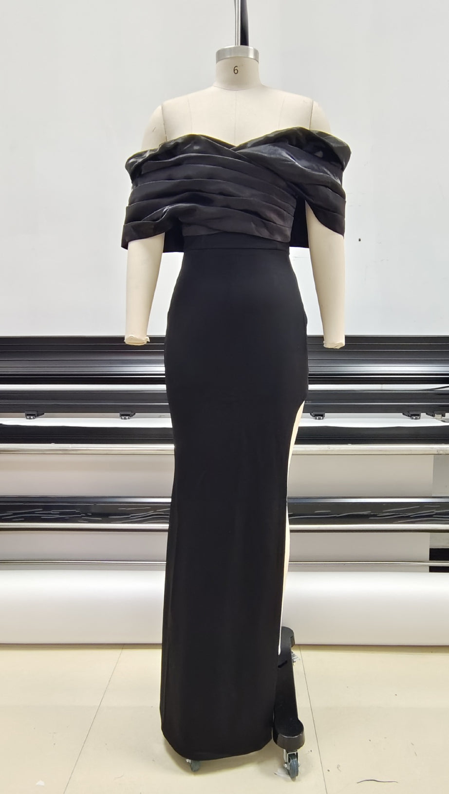 SOPHIA OFF SHOULDER RUCHED MAXI SLIT DRESS IN BLACK