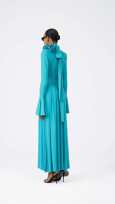 ERIN LANTERN SLEEVE HIGH COLLAR FLOWER SLIT MIDI DRESS IN BLUE