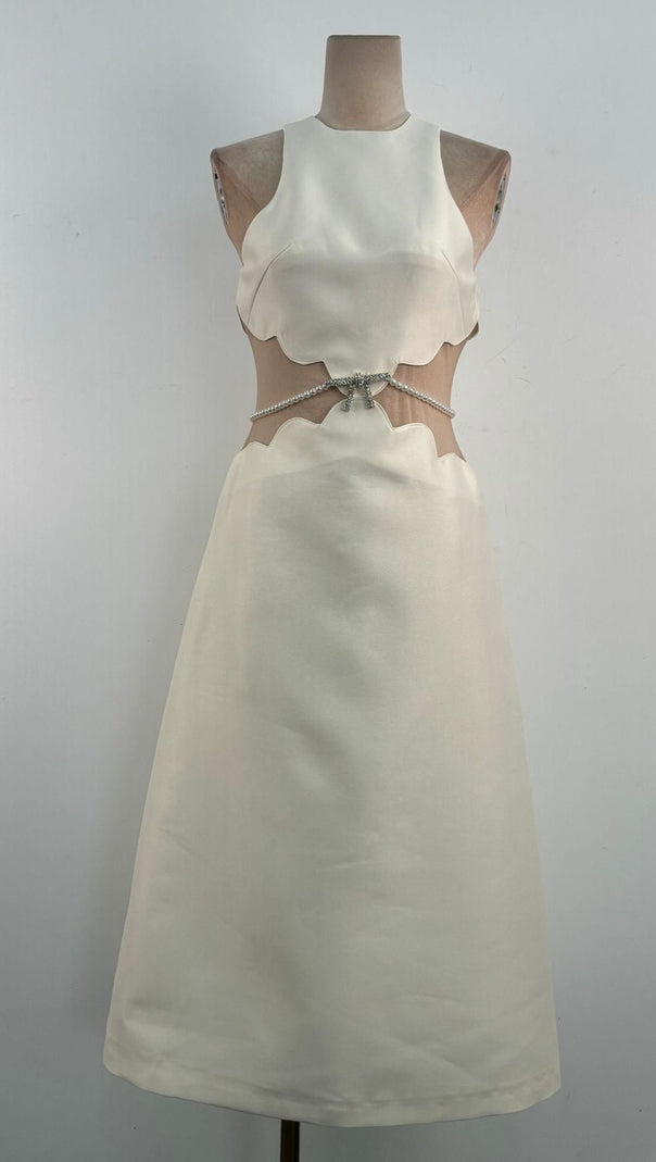 AIIZIE ANILA PEARL CHAIN EMBELLISHED MIDI DRESS IN APRICOT - product image