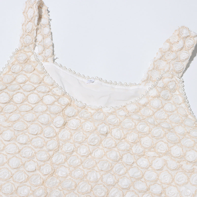 SYLVIA BEIGE STICKEREI ÄRMELLOSES MIDIKLEID