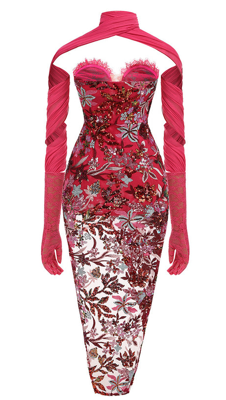 STRAPLESS FLORAL SEQUINS EMBROIDERY BODYCON GOWN MAXI DRESS