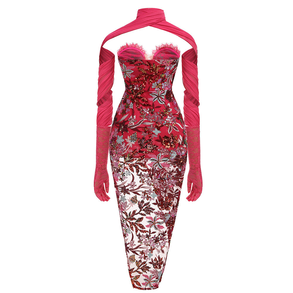 AIIZIE STRAPLESS FLORAL SEQUINS EMBROIDERY BODYCON GOWN MAXI DRESS - product image