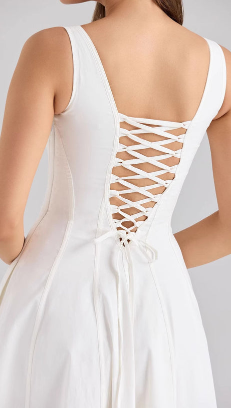 GEMMA WHITE LACE-UP STRETCH COTTON MIDI DRESS