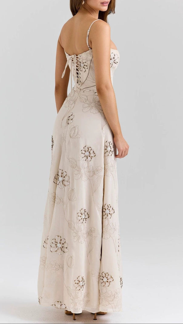 Vintage embroidered hollow slip maxi dress - white