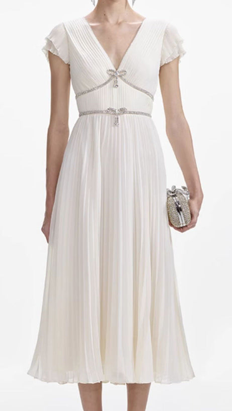 karen v-neck bow pleated chiffon midi dress - white
