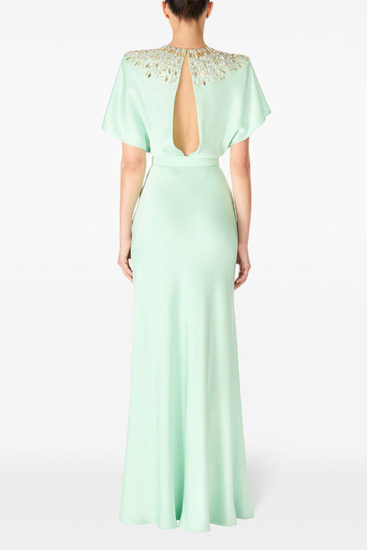 backless satin bead diamond maxi dress