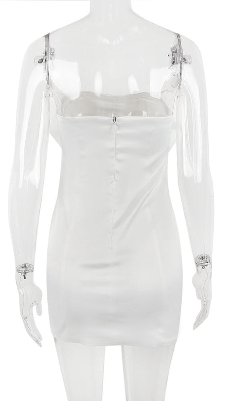 SATIN CRYSTAL EMBELLISHED BOW DRESS IN WHITE