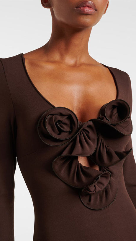 FLORAL-APPLIQUÉ JERSEY MAXI DRESS IN BROWN