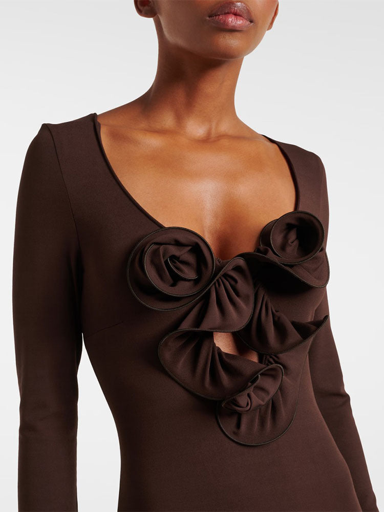 Jersey-Maxikleid mit Blumenapplikation in Braun