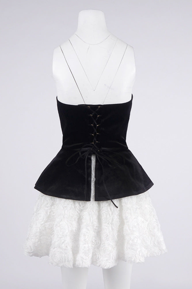 AIIZIE PETAL-LAYERED VELVET TOP MINI SKIRT SUIT WITHOUT GLOVE - BLACK/WHITE - product image