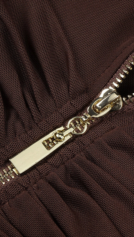 LONG SLEEVE MESH INSERT DRAPED MAXI DRESS