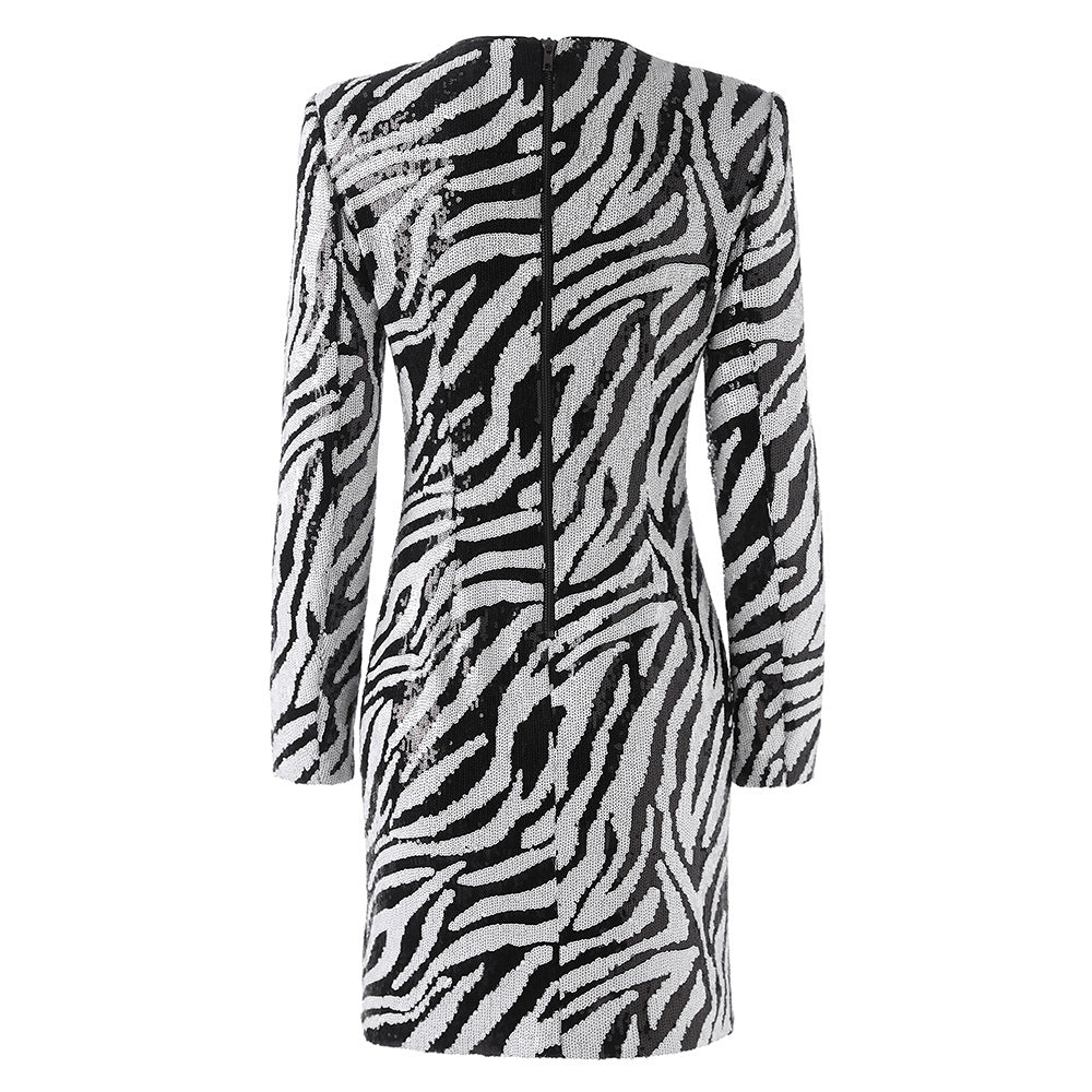 SHORT TWO-TONE ZEBRA SEQUIN MINI DRESS