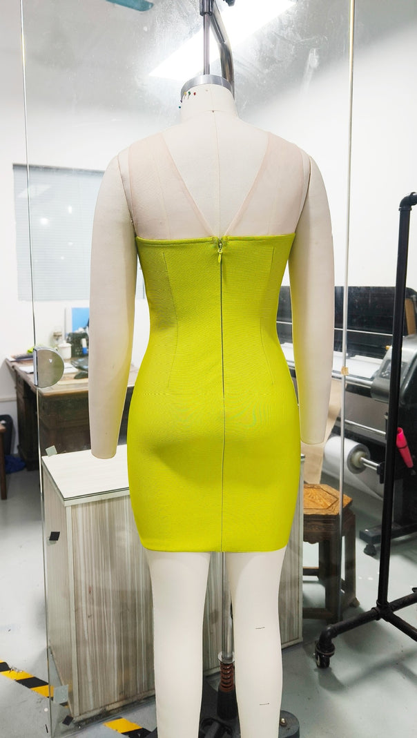 AIIZIE FLORAL YELLOW-GREEN TIGHT BANDAGE MINI DRESS - product image