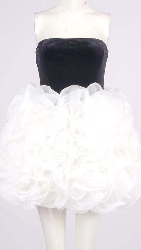 TINA WHITE 3D FLOWERS STRAPLESS BLACK MINI DRESS