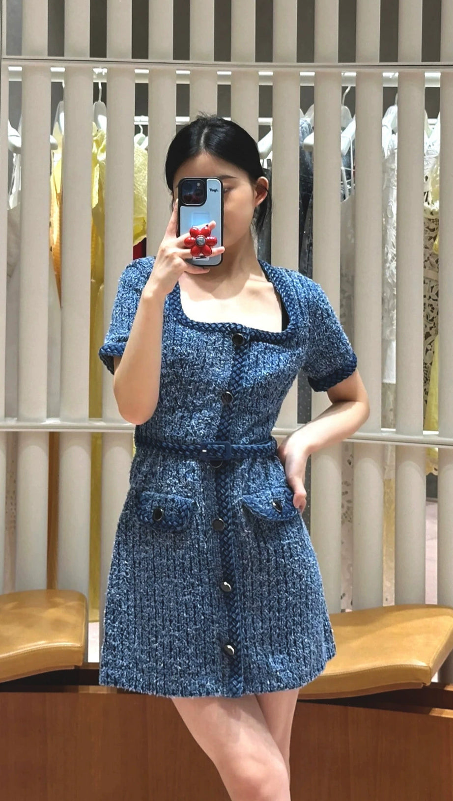 PATRICIA BRAIDED TRIM TEXTURED DRESS IN BLUE