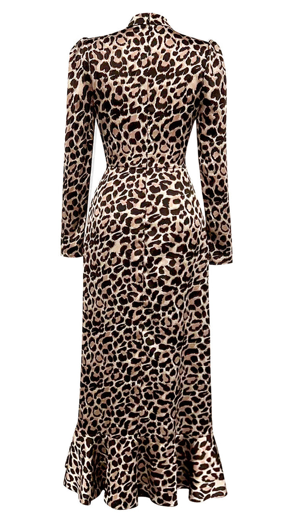 AIIZIE BROWN LEOPARD - PRINT MANDARIN COLLAR LONG - FIT RUFFLED MIDI DRESS - product image