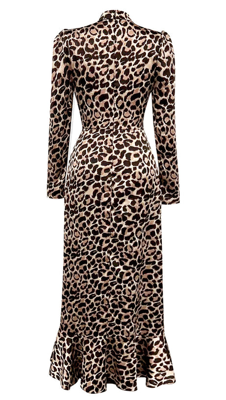 BROWN LEOPARD - PRINT MANDARIN COLLAR LONG  - FIT RUFFLED MIDI DRESS