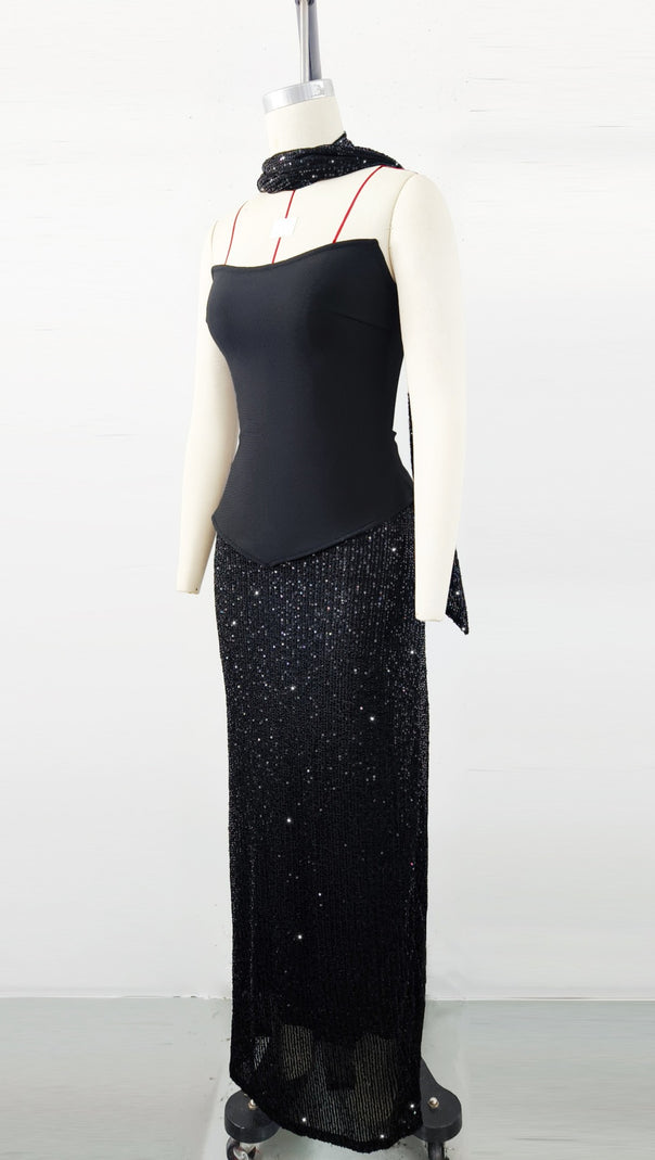 AIIZIE BLACK TOP AND SEQUINED FLOOR-LENGTH SKIRT SUIT - product image