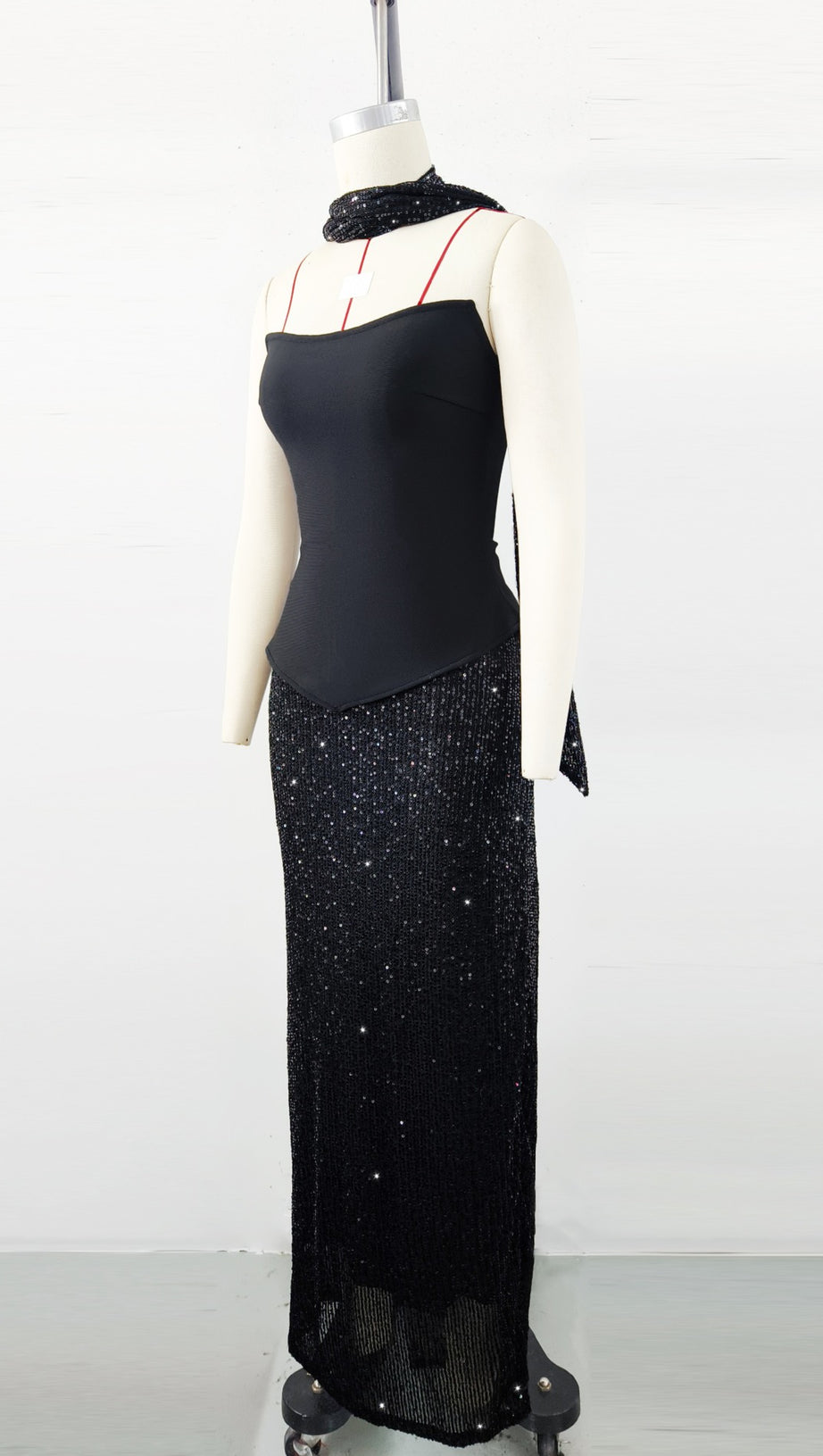 BLACK TOP AND SEQUINED FLOOR-LENGTH SKIRT SUIT