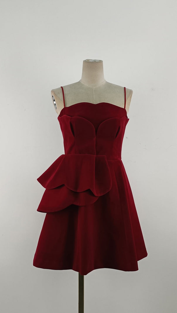 AIIZIE RUCHED TRIM VELVET MINI DRESS IN RUBY RED - product image