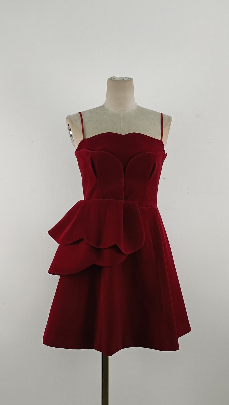 RUCHED TRIM VELVET MINI DRESS IN RUBY RED