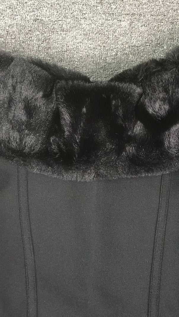 AIIZIE FUZZY TRIM SPLIT BODYCON STRAPLESS MIDI DRESS IN BLACK - product image