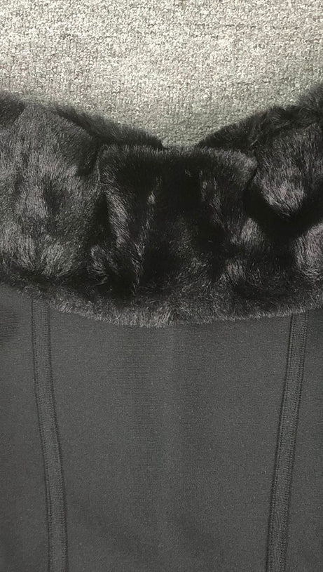 FUZZY TRIM SPLIT BODYCON STRAPLESS MIDI DRESS IN BLACK