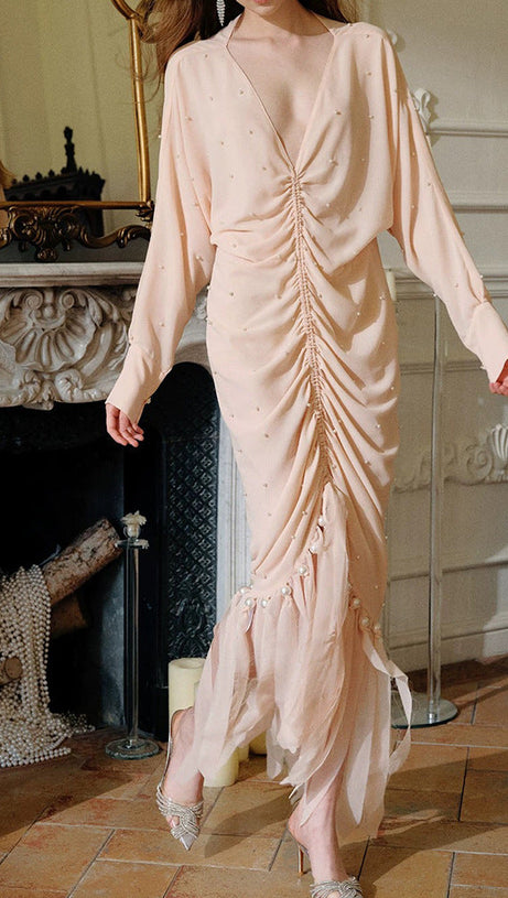 PEARL EMBELLISHED RUCHED APRICOT MAXI DRESS