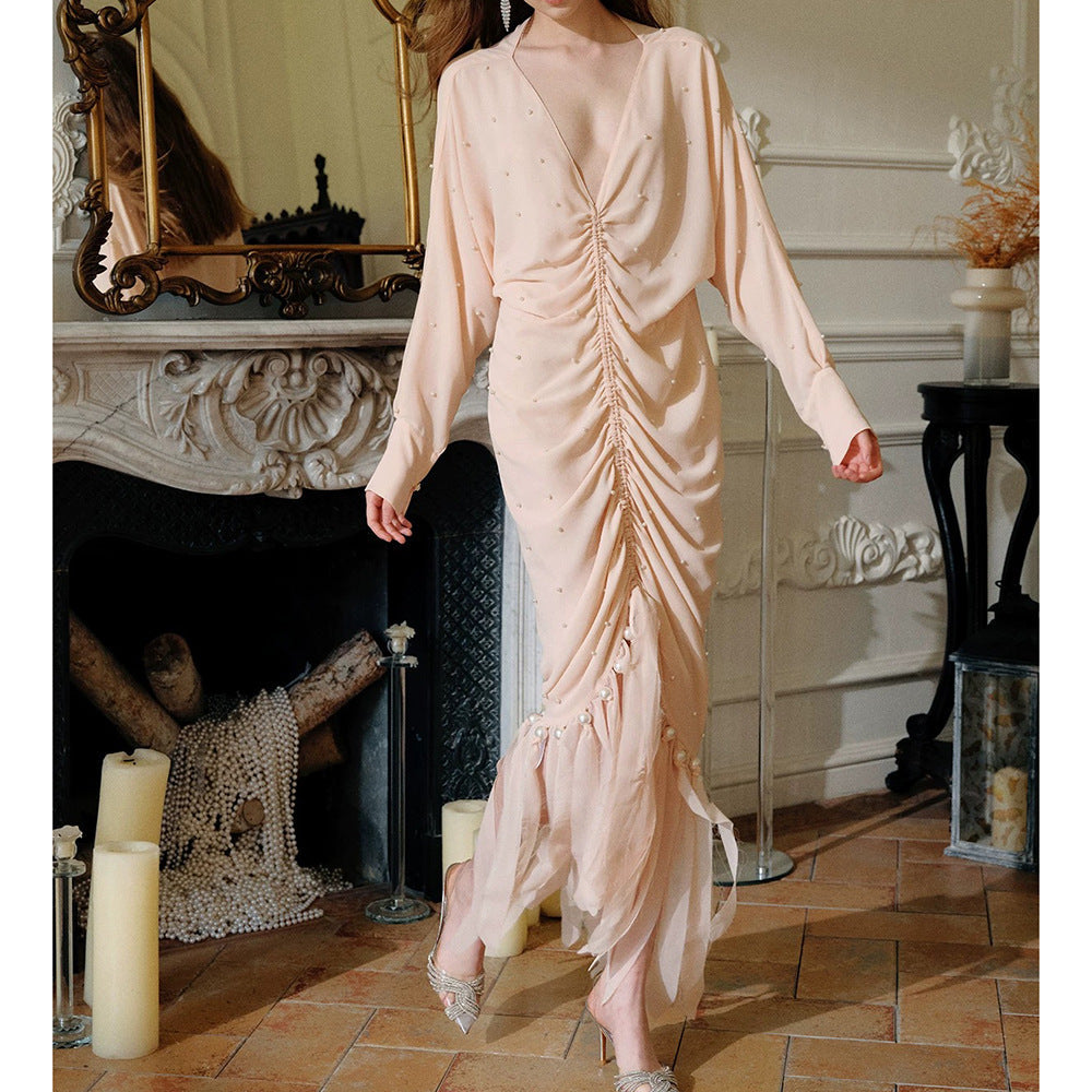 AIIZIE PEARL EMBELLISHED RUCHED APRICOT MAXI DRESS - product image