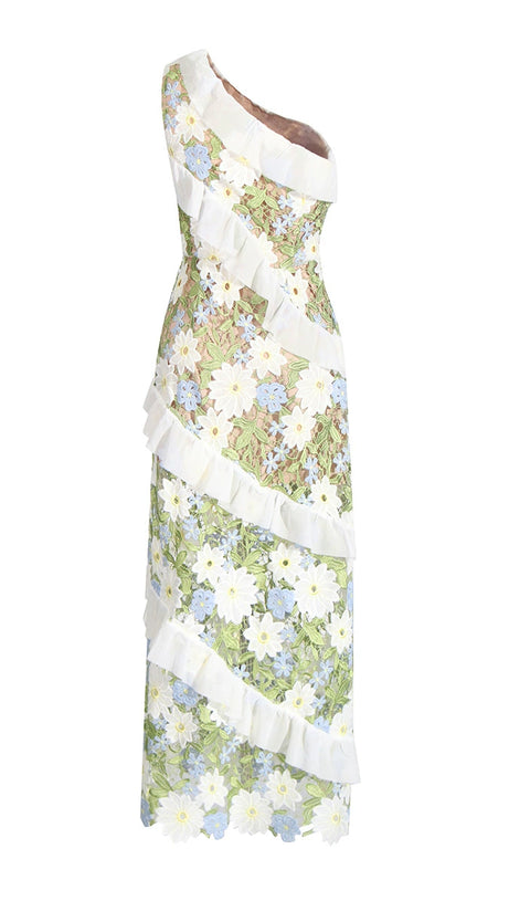 FLORAL ONE SHOULDER LACE MAXI DRESS IN GREEN