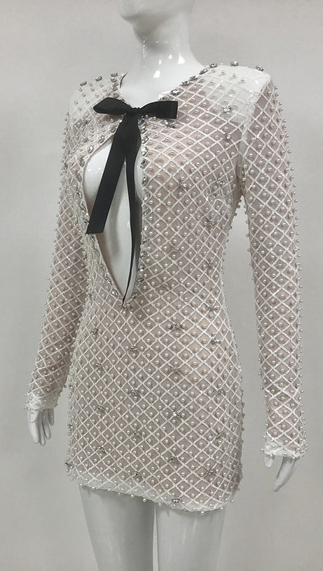 SEXY TUBE TOP MINI DRESS WITH PEARL EMBELLISHMENT