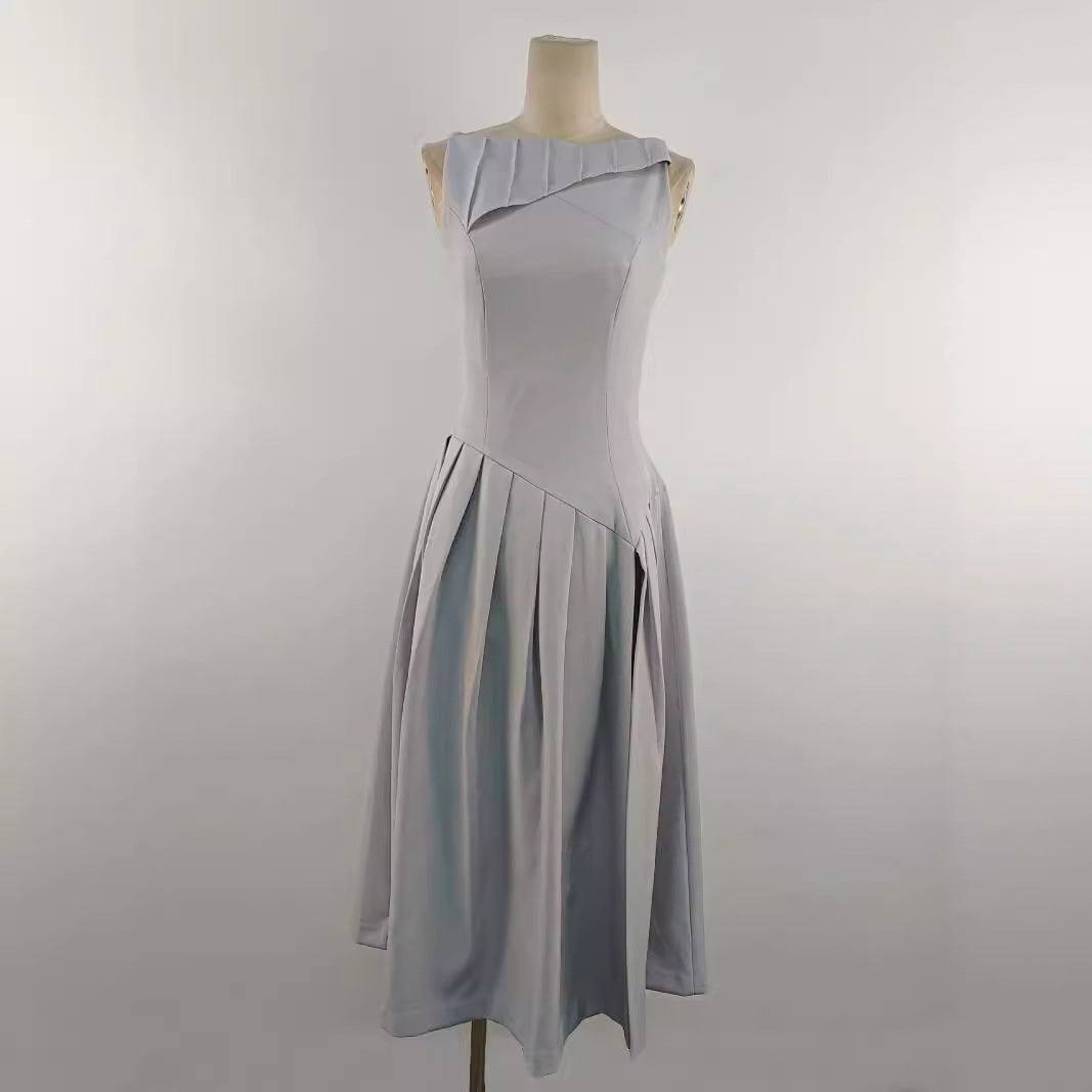AIIZIE SLEEVELESS PLEATED SLIT MIDI DRESS IN GRAY - product image