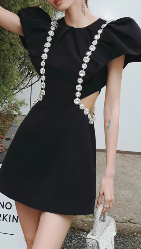 THREE-DIMENSIONAL RUFFLE RHINESTONE HOLLOW MINI DRESS IN BLACK