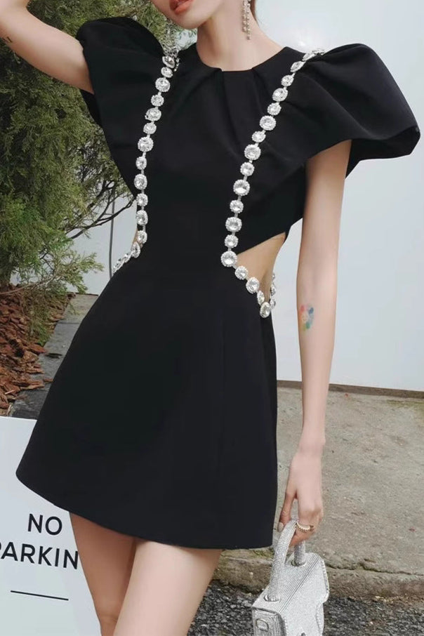 AIIZIE THREE-DIMENSIONAL RUFFLE RHINESTONE HOLLOW MINI DRESS IN BLACK - product image